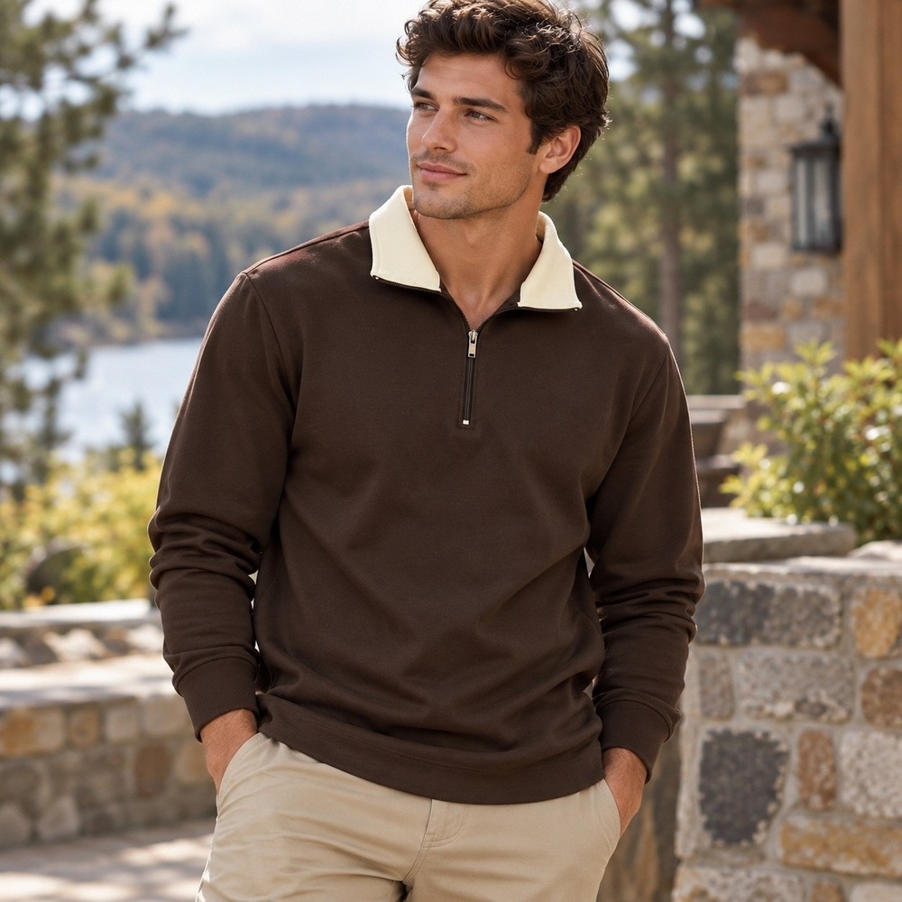 Roundtree & Yorke Sport ProLuxe Quarter Zip Pullover Brown Cream Mens M NWT